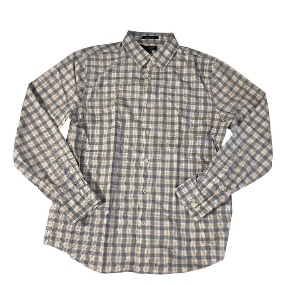 Banana Republic Mens Button UP White Gray Rust Plaid Shirt L
